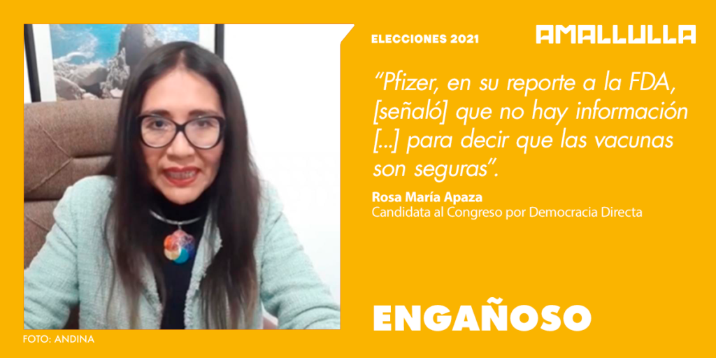 Afirmación de la candidata Rosa María Apaza acerca de que vacuna contra Covid-19 fue autorizada sin evidencia es engañosa