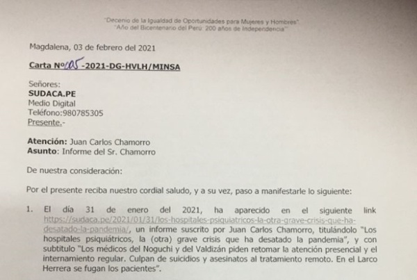 Carta del hospital Larco Herrera y respuesta